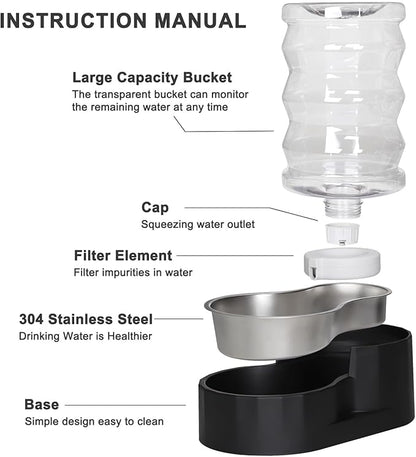 RIZZARI Dog Food Water Dispenser: 7L Large Black Stainless Steel Gravity Water Feeder - Easy Refill, Detachable 304 Stainless Bowl - for Busy Multi-Pet Owners & Medium Pet- Home Kitchen & Yard