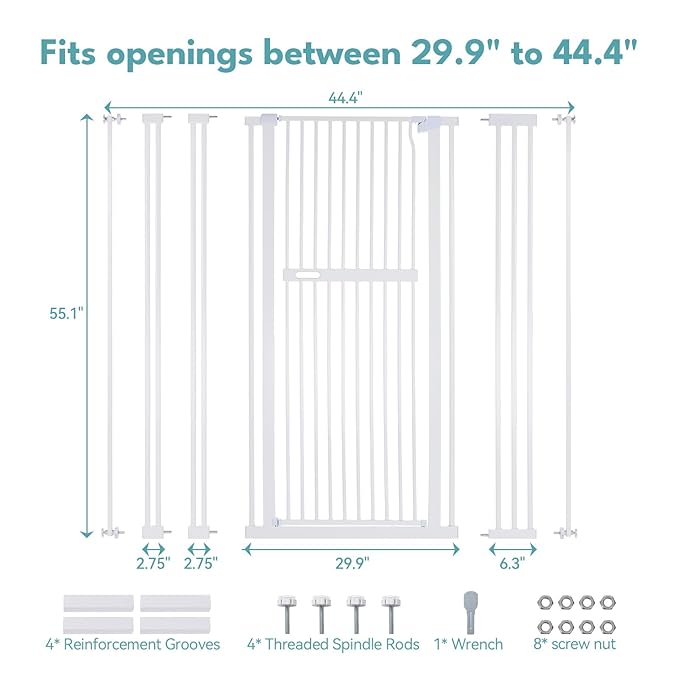 No Pawblems 55.1" Extra Tall Pet Gate for Cat/Dog, 29.9-44.4" Wide Auto Close Tall Cat Gate, NO Drilling Pressure Mounted for Doorways/Hallways, 1.37" Narrower Bar Spacing, White