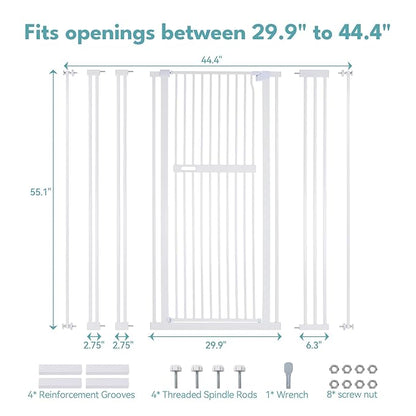 No Pawblems 55.1" Extra Tall Pet Gate for Cat/Dog, 29.9-44.4" Wide Auto Close Tall Cat Gate, NO Drilling Pressure Mounted for Doorways/Hallways, 1.37" Narrower Bar Spacing, White