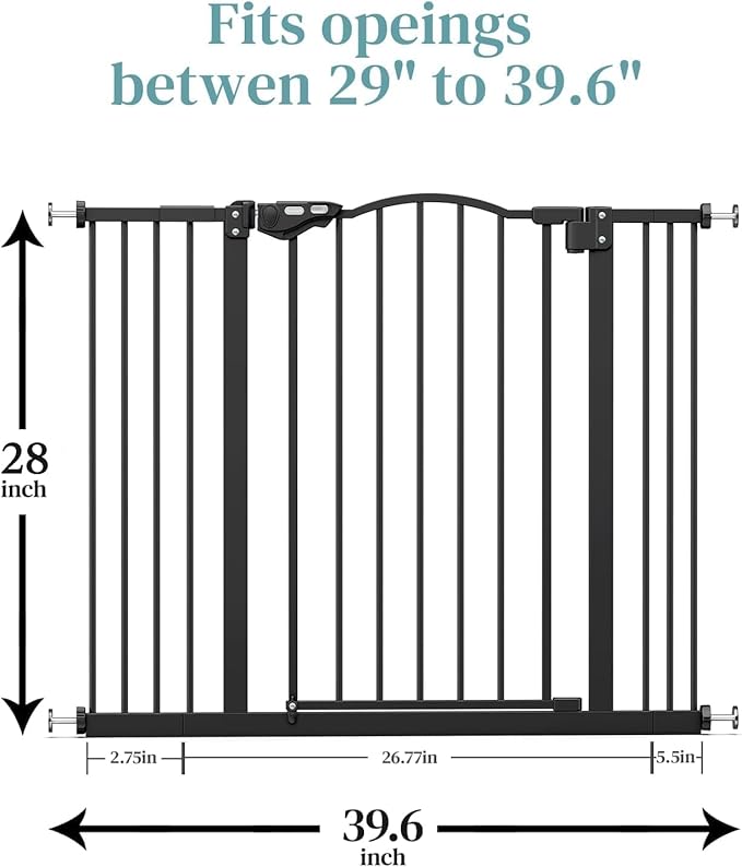 InnoTruth 29-39.6”Baby Gate for Stairs & Doorways,28" Tall Dog Gate for Pets,Dual-Lock Safety and One Hand Opening Design,Pet Gate for Hallways,Outdoors,Wall-Friendly Pressure Mounted, Pure Black