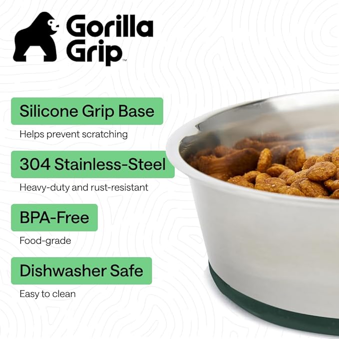 GORILLA GRIP Dog Bowls, Food Grade 304 Stainless Steel, Holds 2 Cups Each (16 fl oz) Food and Water Bowl for Feeding Dogs and Cats, Dishwasher Safe, Rust Resistant, BPA Free Rubber Base Set of 2 Green