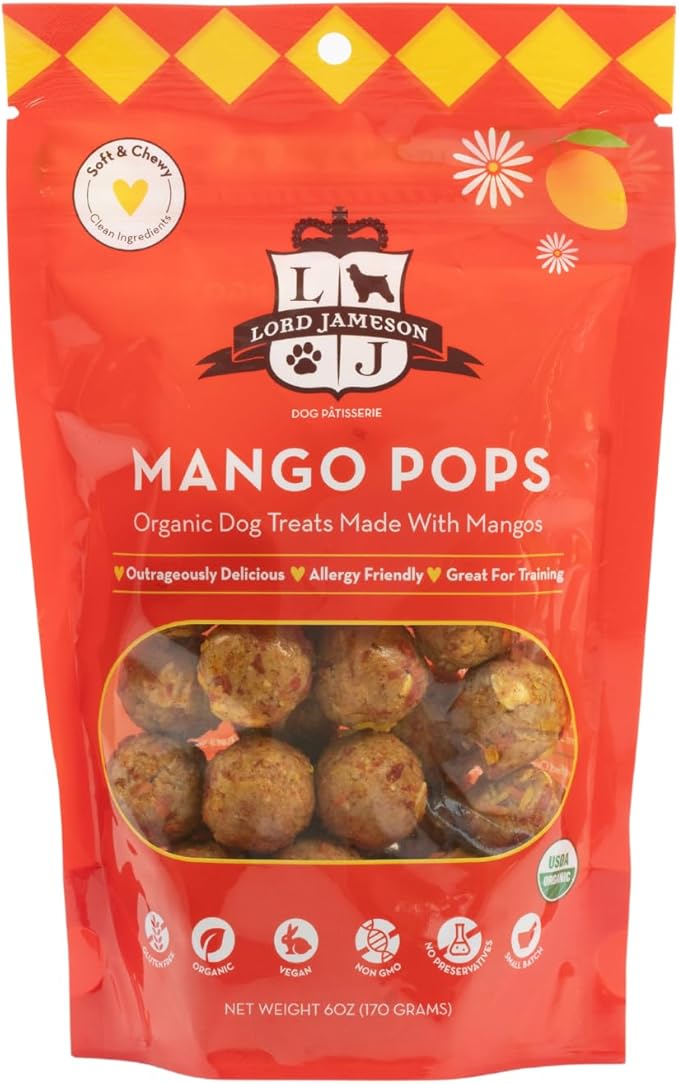 Lord Jameson: Mango Pops 6 oz - Dog Patisserie Treats, Organic Soft & Chewy No-Bake Bites, Fiber-Packed, Plant Based, Gluten & Preservative Free