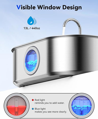 3.4Gal Dog Water Fountain for Large Dogs, 13L Stainless Steel Large Pet Fountain with Deeper & Wider Drinking Area, Automatic Dog Water Bowl Dispenser with Water Window (with 7 Filters)