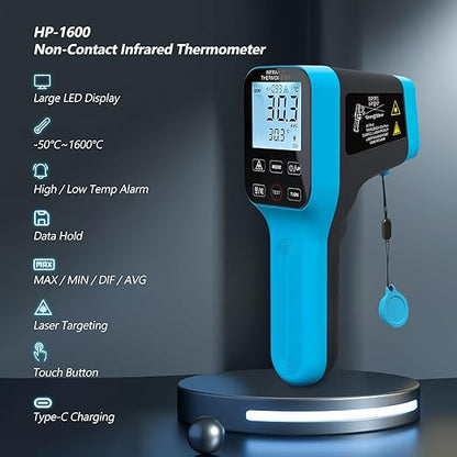 2PCS Infrared Thermometer Gun Rechargeable, -58℉~2912℉ High Temp Laser Industrial Thermometer, D:S=30:1 Touch Button Waterproof Pyrometer, Digital IR Temperature Gauge with Type-C Port (NOT for Human)