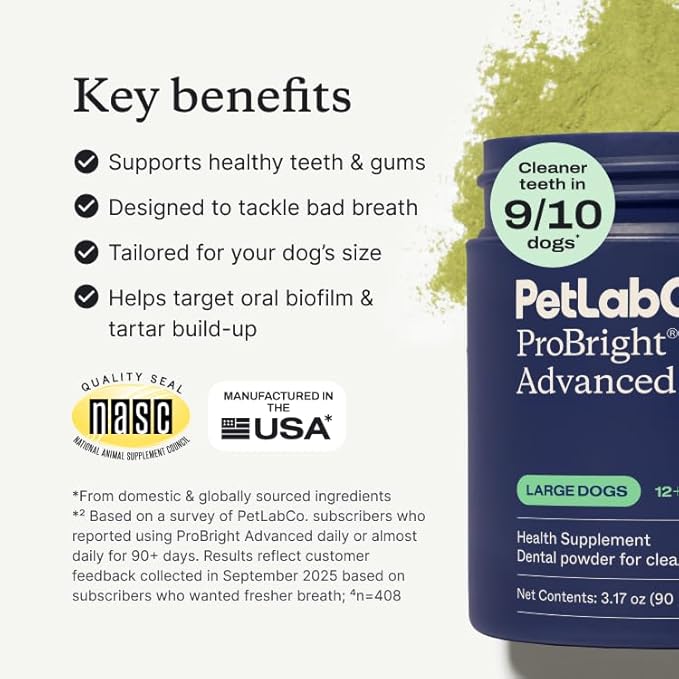 PetLab Co. ProBright Advanced Dental Powder - Dog Breath Freshener - Teeth Cleaning Made Easy – Targets Tartar & Bad Breath - Packaging May Vary - Formulated for Large Dogs