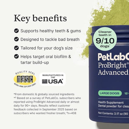 PetLab Co. ProBright Advanced Dental Powder - Dog Breath Freshener - Teeth Cleaning Made Easy – Targets Tartar & Bad Breath - Packaging May Vary - Formulated for Large Dogs