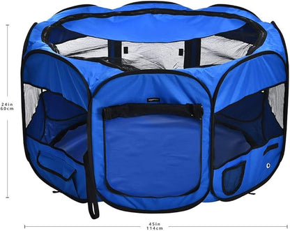 Amazon Basics Foldable Octagonal Indoor/Outdoor Portable Dog Playpen with Mesh Top, Easy to Clean and Store, 45", Blue
