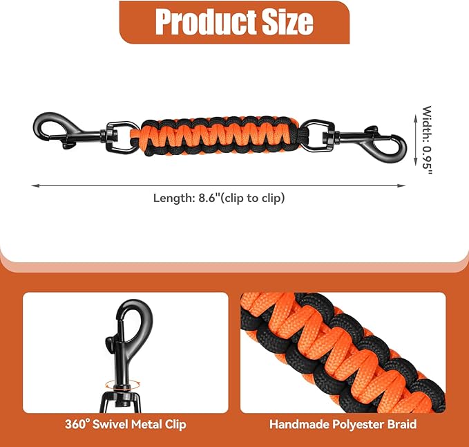 Dog Collar Safety Clip with Dual Clasps,Handmade Backup Safety Strap for Dog Harness, Collars and No Pull Harness Connectors (Black & Orange)