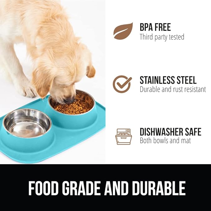 GORILLA GRIP Feeding Mat Bowl Set, 100% Waterproof BPA Free Silicone, 304 Stainless Steel Cat and Dog Bowls for Food and Water, Slip Resistant, High Edge, US Designed, Patent Pending, 1 Cup Turquoise