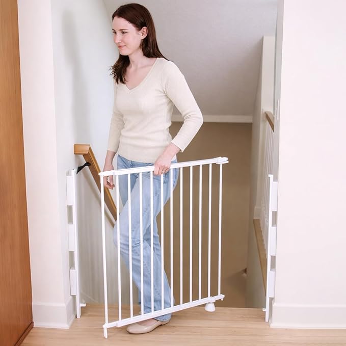 Regalo Safety 35" Extra Tall Baby Gate for Stairs, Wall Mounted 2-in-1 Wide Stair Gate for Babies, Toddlers, & Pets, Includes Banister and Wall Mounting Kit, White