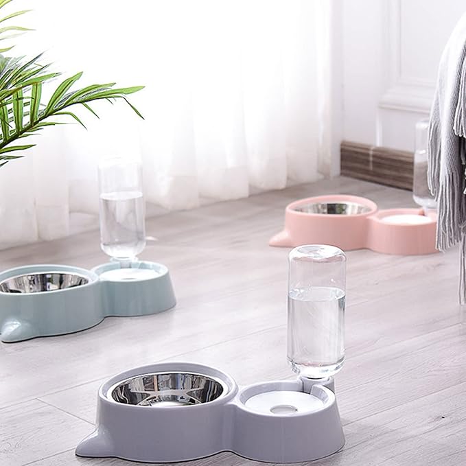 Dog Feeder Water Bowls Set Stainless Steel Bowl Water Dish Automatic Water Bottle Dispenser Easy to Clean Pet Automatic Feeder and Waterer Dog Water Bowl Dispenser Set, Blue
