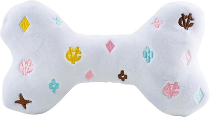 Haute Diggity Dog Chewy Vuiton Bone Plush Squeaky Dog Toy, Soft Durable Designer-Inspired Stuffed Puppy Chew Toys for Small, Medium & Large Dogs, Machine-Washable (White) XL