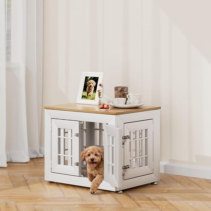 Snuowu 26" Heavy Duty Dog Crate Furniture for Small,Medium and Large Dogs,Rustic Wooden Dog Cage Kennel Indoor Furniture with Waterproof Top,Decorative Pet House Side End Table (White & Wood)