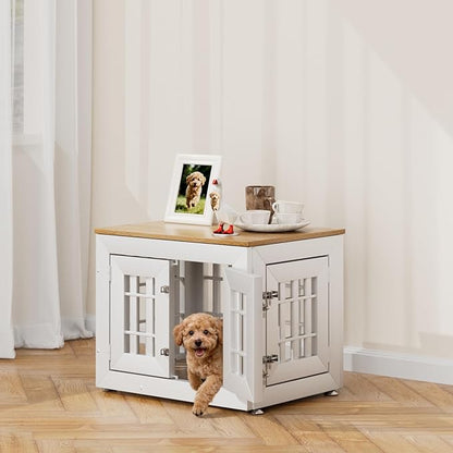 Snuowu 26" Heavy Duty Dog Crate Furniture for Small,Medium and Large Dogs,Rustic Wooden Dog Cage Kennel Indoor Furniture with Waterproof Top,Decorative Pet House Side End Table (White & Wood)