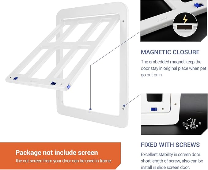Dog Door for Screen Door - 8.3" x 10.3" Small Pet Door for Cats & Small Dogs, Magnetic Flap with Lockable Insert, Sliding Screen Door Compatible, White