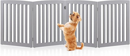 Freestanding Dog Door Indoor Folding Puppy Gate for Doorways Stairs 4-Panel Wood Pet Safe Barrier Fence for Hallways, Gray
