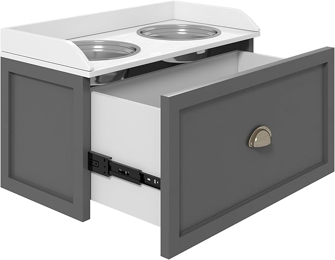 PawHut Feeding Station with Storage Drawer, Food Storage Cabinet with 2 Removable Elevated Bowls for Large Sized Dogs, Gray