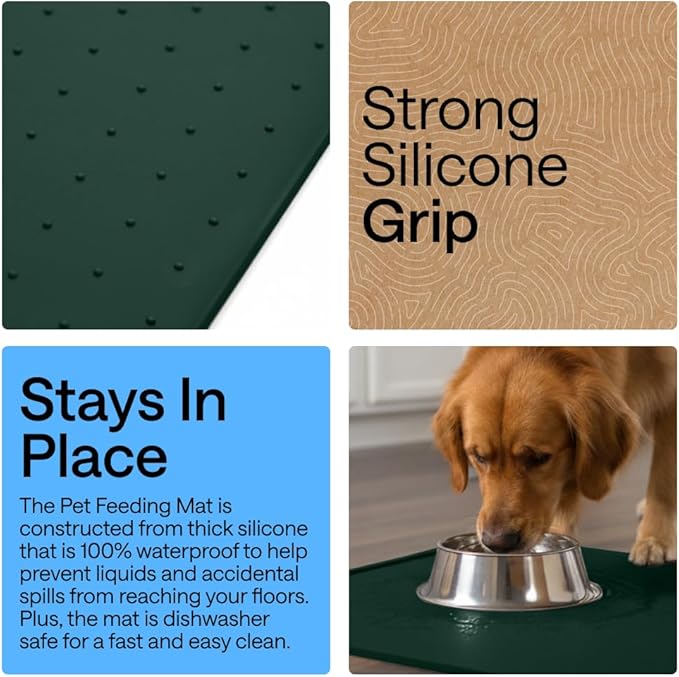 GORILLA GRIP 100% Waterproof Raised Edge BPA Free Silicone Pet Feeding Mat, Dog Cat Food Mats Contain Spills Protects Floors, Placemats for Cats and Dogs Water Bowl, Pets Accessories 18.5x11.5 Green