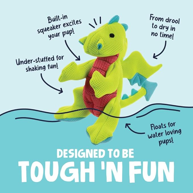 goDog Dragons Squeaky Plush Dog Toy with Double Chew Guard Technology, Durable Fabric & Squeaker for Active Play, Green, Large
