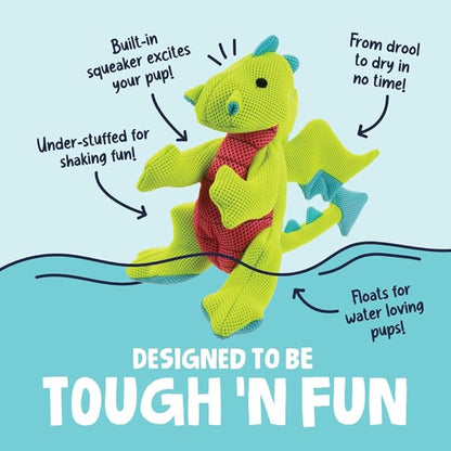 goDog Dragons Squeaky Plush Dog Toy with Double Chew Guard Technology, Durable Fabric & Squeaker for Active Play, Green, Large