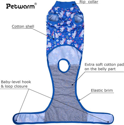 PetWarm Dog Surgery Suit, Pet Surgical Recovery Suit Female and Male, Dog Onesie for Surgical, Anti-Licking Dog Surgery Recovery Suit, Unicorn Pattern, Blue, M