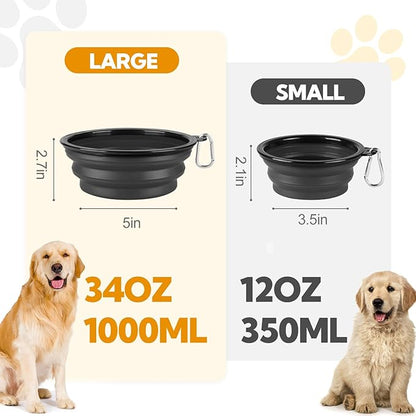 Dog Bowl Collapsible, 2 Pack Portable Foldable Travel Water Bowl Food Dishes with Carabiner Clip for Traveling, Hiking, Walking(12oz, Small, Grey+Black)