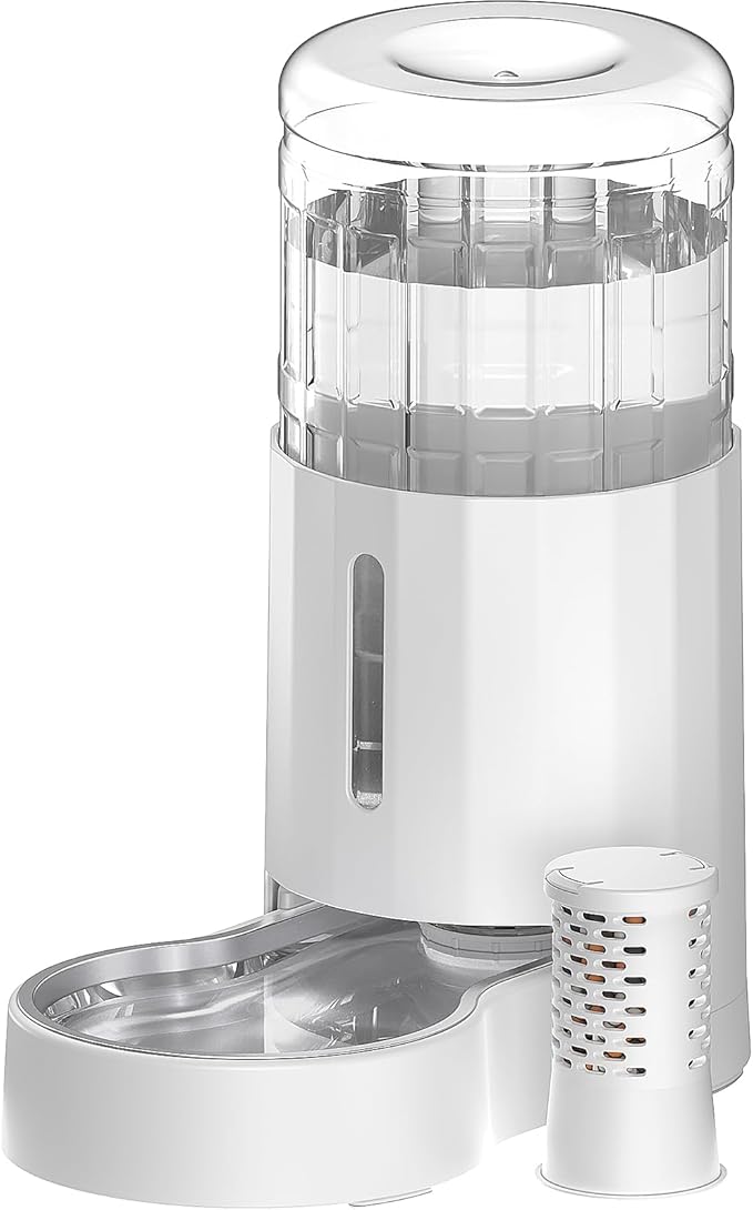 CZPET Dog Water Bowl Dispenser with Filter, 8L Automatic Dog and Cat Water Dispenser with Stainless Steel Bowl, Gravity Waterer, Large Capacity, and Quiet Drinking Area for Pets (8L+Filter,White)