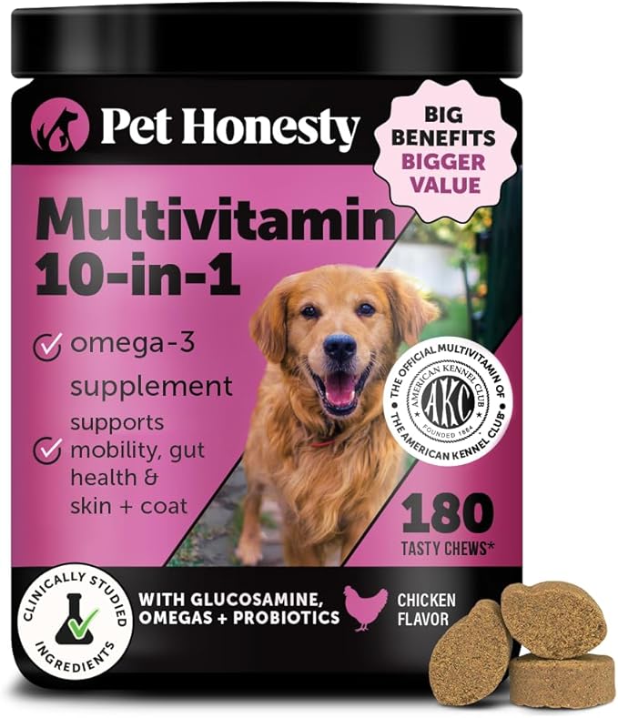 10-in-1 Dog Multivitamin Supplement with Glucosamine & Probiotics - Hip & Joint Support, Digestive Health, Immune Support, Heart & Skin - All-in-One Daily Vitamins & Omega-3s for Dogs (Chicken 180 Ct)