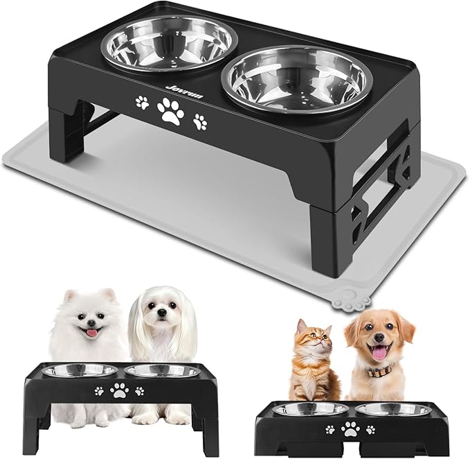 Jovrun Elevated Dog Bowls for Small Dogs and Cats with Mat, Non-Slip Cat Bowls with 2 Thick 5.5" Stainless Steel Dishes, Dog Feeder 2 Heights Adjustable to 2.6"-5.3"