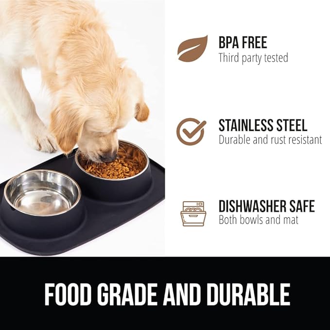 GORILLA GRIP Feeding Mat Bowl Set, 4 Cup 100% Waterproof BPA Free Silicone Base, 304 Stainless Steel Cat and Dog Bowls for Food and Water, Slip Resistant, High Edge, US Designed, Patent Pending, Black