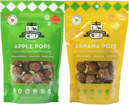 Lord Jameson Apple Pops and Banana Pops Bundle – Soft & Chewy Organic Dog Treats, Allergy Safe Treats for Training, Gluten-Free & Plant-Based, Made in USA