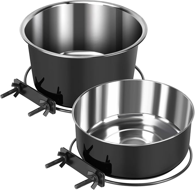 2 Pcs Black Large Pet Dog Food Water Bowl for Cage Stainless Steel Non-Spill Kennel Hanging Cats Bowls with Clamp Holder Crate Feeder Dish for Medium Large Dogs Huge Pets (7.1x3.7'' & 7.1x2.5'')