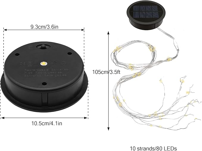 YJFWAL Solar Watering Can Lights Replacement Top, 3.6in Round Panel with 3.5Ft 80 Led Copper Wire String Lights for Solar Lantern Water Can Battery Box Accessories