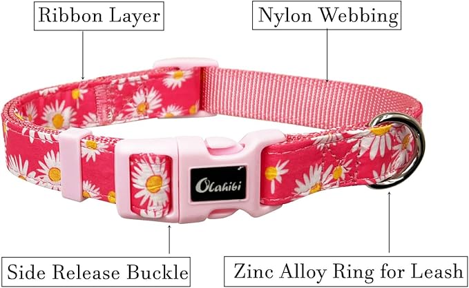 Dog Collar Leash Set, Floral Pattern, Nylon Webbing Plus Cotton Ribbon, 5ft Matching Leash, for Medium Dogs.(M, Pink Daisy)