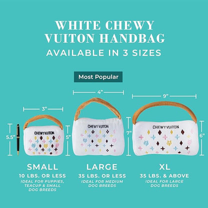 Haute Diggity Dog Chewy Vuiton Handbag Plush Squeaky Dog Toy, Soft Durable Designer-Inspired Stuffed Puppy Chew Toys for Small & Medium Dogs, Machine-Washable (White) Small