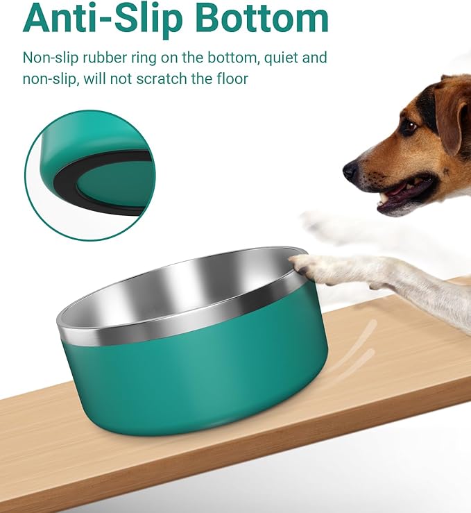 WENBOKMIN Dog Bowl, Stainless Steel Dog Food and Water Bowl with Non Slip Quiet Bottom, Easy to Clean, Dishwasher Safe, 64oz, Deep Green