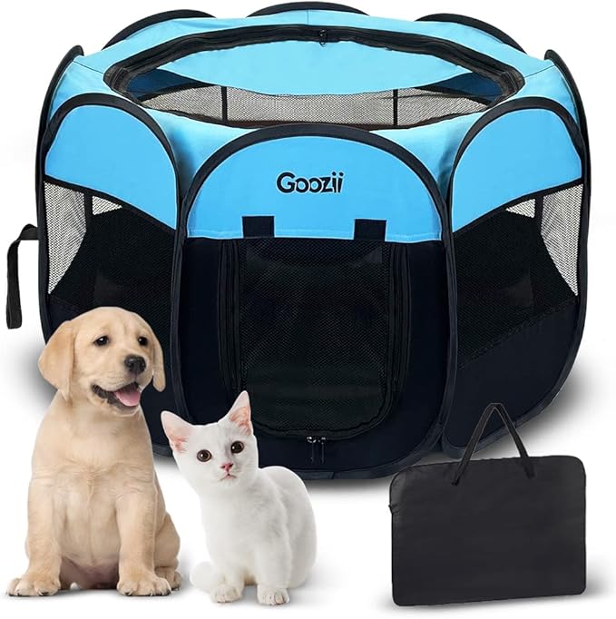 GOOZII Dog Playpen Portable Collapsible, Indoor Outdoor Pet Puppy Exercise Playpens Case with Zipper Door Top Cover Floor for Large Cat Rabbit Travel Camping (Small Size, Black/Blue)