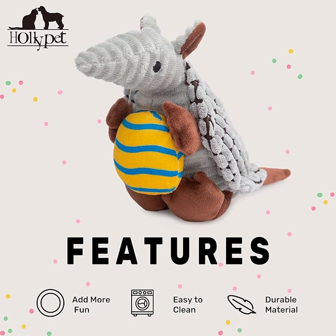 Hollypet Plush Dog Squeaky Toy Stuffed Armadillo Animal Pet Puppy Chew Toys with Clean Teeth for Small Medium Large All Breed Sizes Dogs, Gray, 8 in, Yellow Egg with Blue Stripes