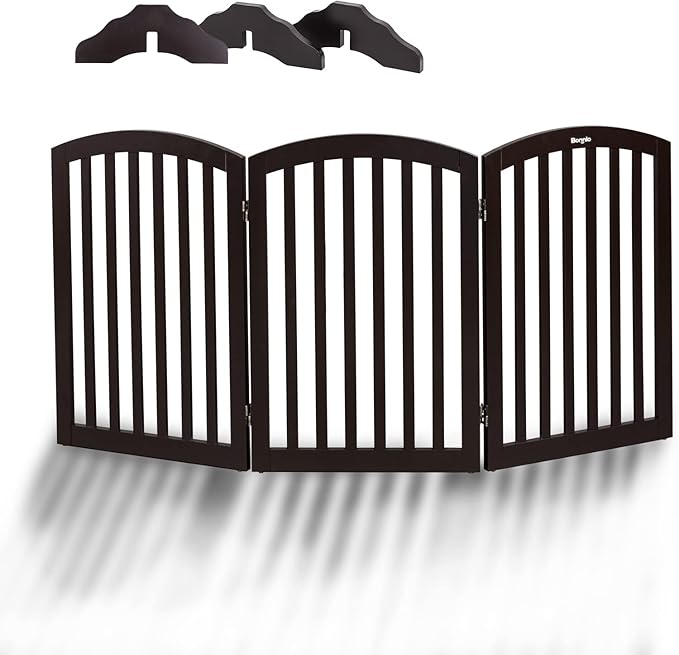 Bonnlo 3-Panel Wooden Free Standing Pet Gate for Dogs, 30'' Tall Dog Gates for The House, Doorways & Stairs, Dog Fences Indoor Puppy Gate with 3 Foot Supporters, Up to 61” Wide, Espresso