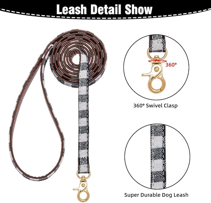 EXPAWLORER Dog Collar and Leash Set - Classic Plaid Dog Bow Tie and Dog Bandana Collar, Dog Leash Tangle Free, Adjustable Collars for Medium Dogs, Holiday Ideal Gift, M