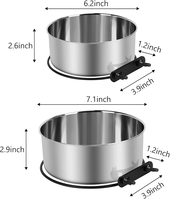 Dog Bowl for Crate, ShineMe 2 Pack 54oz & 34oz Nonslip Rubber Bottom Stainless Steel Food a Water Kennel Bowls Mountable on Cage Dog Hous