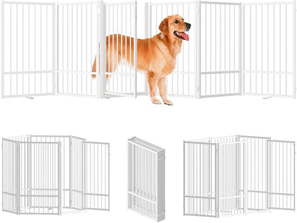 SNUOWU Full Metal Freestanding Dog Gate with Door, 36''Height Foldable Pet Dog Fence for Indoor & Outdoor, 6 Panels Extra Wide Free Standing TallDog Gates for Doorways,House,Stairs,Porch,Deck,Yard