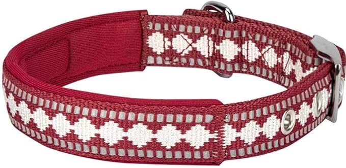Blueberry Pet Reflective Jacquard Dog Collar with Neoprene Padding & Metal Buckle | Soft & Adjustable Safety Collar - Marsala Red, Neck 17-20.5", for Large Breed