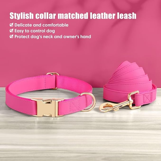 PET ARTIST Soft PU Leather Dog Collar and Leash Set, Bright & Stylish 5FT PU Leather Leash and Collar Set, Durable Pet Collars with Quick Release Metal Buckle for Small Dogs,Hot Pink,S(9"-14")
