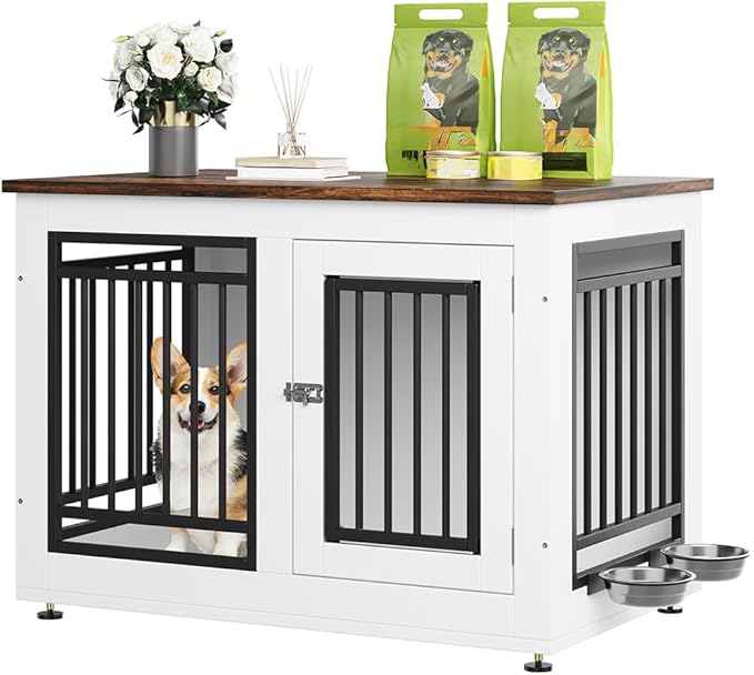 YITAHOME 35" Dog Crate Furniture, Wooden Side End Table with Adjustable Feet and Removable Bowls, Dog Kennel Indoor for Small Medium DogsV