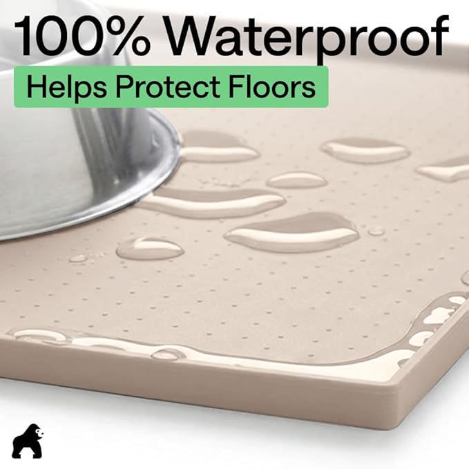 GORILLA GRIP 100% Waterproof Raised Edge BPA Free Silicone Pet Feeding Mat, Dog Cat Food Mats Contain Spills Protects Floors, Placemats for Cats and Dogs Water Bowl, Pets Accessories 23x15 Cream