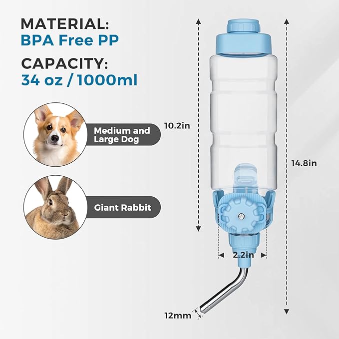 Vannon Dog Water Dispenser for Cage, 34oz Auto Feeding Crate Water Bottle for Dogs, Cats & Rabbits, Pet Nozzle Diameter: 12mm, BPA Free, Blue