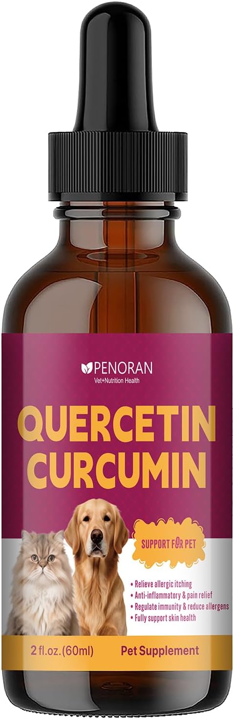 Pet Quercetin Curcumin Allergy Relief Drops, for Dogs & Cats Seasonal/Environmental Allergies & Pollen/Grass Allergies: Itchy Skin, Red Ears, Swollen Eyes, Cough & Sneezing, Scratching & Licking Paws