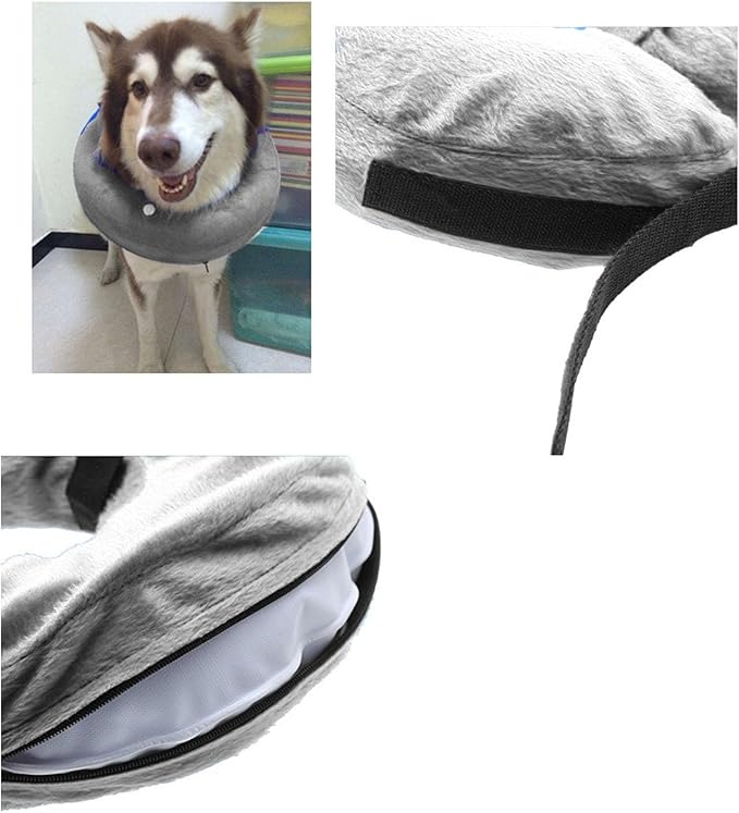 Inflatable Dog Neck Collar PVC Soft Warm Comfortable Protective Recovery Cone for Post Surgery Skin Itching Pets (Gray)