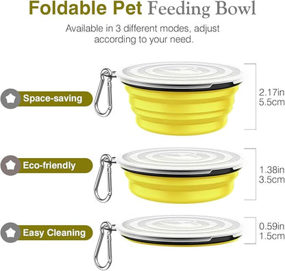 Pawaboo Collapsible Dog Bowls 2 Pack, Silicone Feeding Watering Bowls with Lids & Carabiners for Dogs Cats, Portable Water Feeder Food Bowl for Walking Traveling Home Use, Yellow + Black